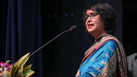 Exiled Bangladeshi writer Taslima Nasrin speaks during a citizens felicitation programme titled 'Returning to a Free West Bengal After 19 Years', at Rabindra Sadan, in Kolkata, Saturday, Aug. 1, 2026.