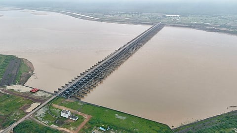 Flooded Godavari river due to continuous rains, at Kaleshwaram Project in Bhupalapally district on Saturday