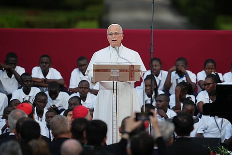 Pope Leo XIV speaks as he attends the “Canticle of Peace” prayer and fraternity meeting at Borgo Laudato Si’ in Castel Gandolfo, about 30 kilometers (19 miles) southwest of Rome, Italy, Wednesday, July 29, 2026.