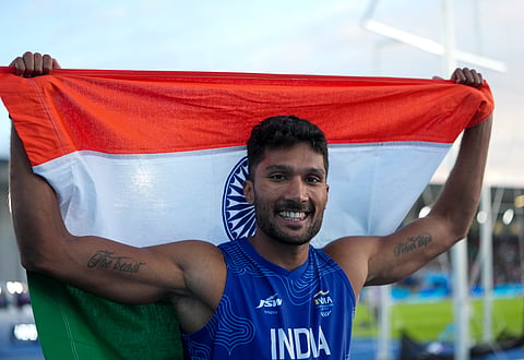 Tejaswin Shankar reacts after the men's decathlon