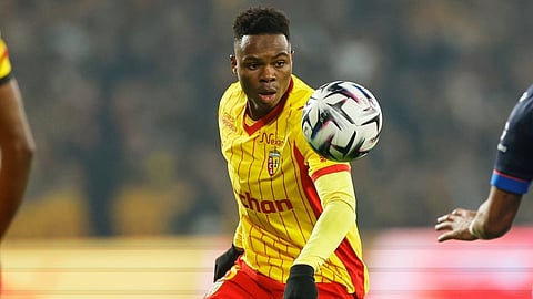Lens' Mamadou Sangare in action during the French League One soccer match between Lens and Auxerre in Lens, France, Saturday, Jan. 17, 2026. 