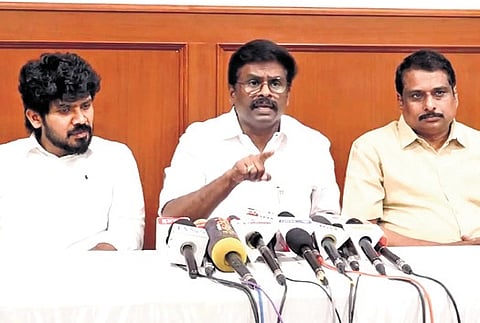Paranthaman addressing a press meet at the DMK headquarters