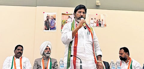 Deputy Chief Minister Mallu Bhatti Vikramarka speaks during a meeting with 
Indian Overseas Congress representatives in the US