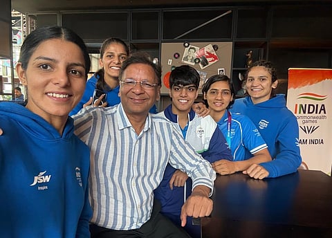 BFI chief Ajay Singh with gold medallists from the women's section