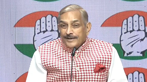 Congress leader and Rajya Sabha MP Pramod Tiwari addresses a press conference at the party headquarters in New Delhi, Sunday, Aug. 02, 2026.