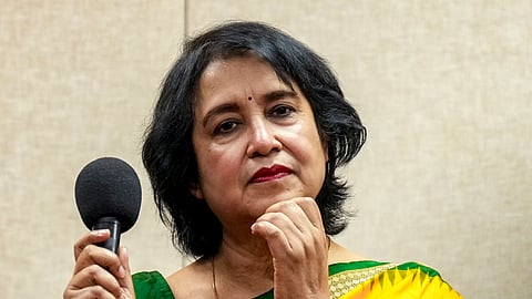 Exiled Bangladeshi author Taslima Nasrin addresses a press conference, in Kolkata, West Bengal, Sunday, Aug. 2, 2026.