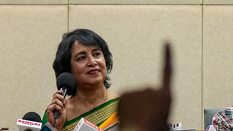 Exiled Bangladeshi author Taslima Nasrin addresses a press conference, in Kolkata, West Bengal, Sunday, Aug. 2, 2026.