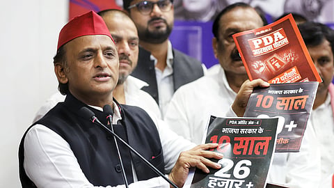 Samajwadi Party National President Akhilesh Yadav addresses a press conference at the party office in Lucknow on Sunday, Aug. 02, 2026.