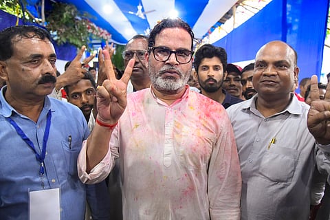 Jan Suraaj Party chief Prashant Kishor flashes the victory sign after taking the lead in the Bankipur Assembly by-election during the counting of votes, in Patna, Monday, Aug. 3, 2026. 
