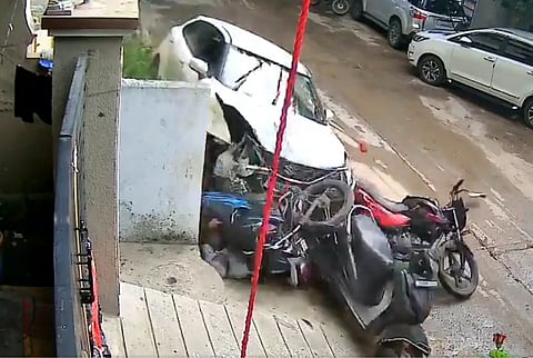 A videograb of the CCTV footage showing the car, being driven by the 17-year-old suspect, ramming into the victim in Hyderabad on Sunday