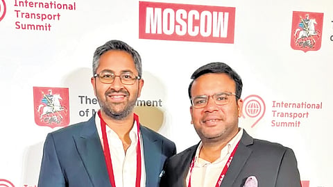 Visakhapatnam MP M Sribharat with GVMC chief Ketan Garg at the 5th Int’l Transport Summit in Moscow  