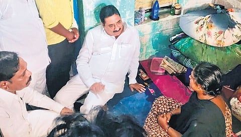 TDP leaders Kalva Srinivasulu, BT Naidu, and Gudise Krishtamma meet victims of violence at Nemakal village in Kurnool district on Monday  