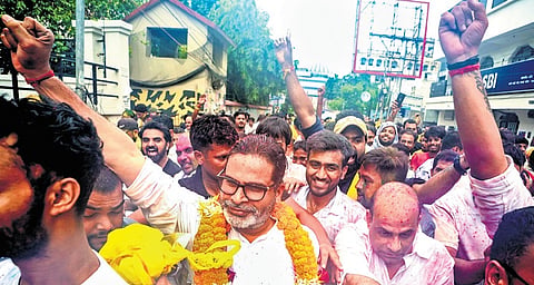 Jan Suraaj founder Prashant Kishor with supporters in Patna on Monday, Augut 3, 2026.