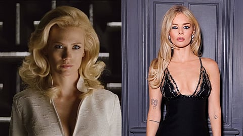 January Jones as Emma Frost in X-Men: First Class (L) and Samara Weaving  (R)