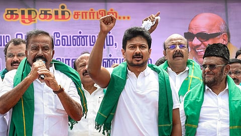 LoP in the Tamil Nadu Legislative Assembly and Dravida Munnetra Kazhagam (DMK) youth wing secretary Udhayanidhi Stalin, centre, along with leaders of party's alliance partners as they stage a protest against the Mekedatu Dam construction project, in Thanjavur, Tamil Nadu, Monday, Aug. 3, 2026. 
