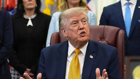 President Donald Trump speaks during a meeting about military families, in the Oval Office of the White House, Monday, Aug. 3, 2026, in Washington. 