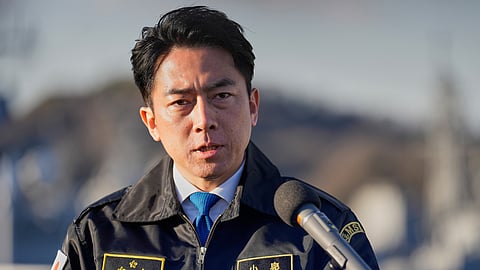Japan's Defense Minister Shinjiro Koizumi speaks with media after meeting with South Korea's Defense Minister Ahn Gyu-back at the headquarters of the Japan Maritime Self-Defense Force Yokosuka District, south of Tokyo, on Friday, Jan. 30, 2026.