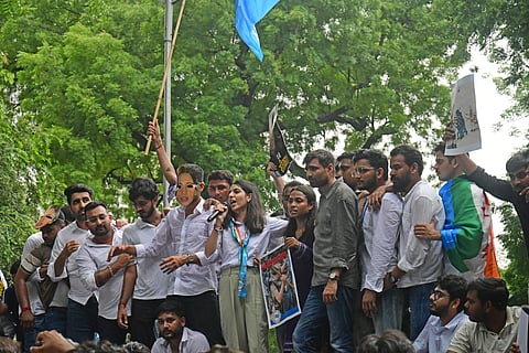 The National Students Union of India (NSUI) organized a "Students Justice March" in New Delhi to protest police action, alleged violence, and the use of pellet guns against student demonstrators on Monday, 03.08.2026