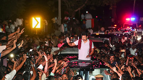 Tamil Nadu Leader of the Opposition Udhayanidhi Stalin being greeted by supporters after being questioned at the Sengipatti police station, in Thanjavur district, Tamil Nadu, Tuesday, Aug. 4, 2026.