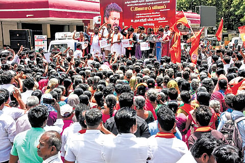 (From L) TVK members staging protests in Madurai and Tirunelveli against Udhayanidhi 