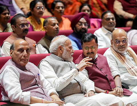 Prime Minister Narendra Modi, Union Ministers Rajnath Singh, Amit Shah and BJP National President Nitin Nabin during the NDA's 'Mangal Milan' meeting, during the Monsoon session of Parliament, in New Delhi, Tuesday, Aug. 4, 2026. 