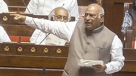 Congress president Mallikarjun Kharge addressing the Rajya Sabha.
