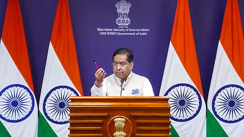 Ministry of External Affairs spokesperson Randhir Jaiswal addresses a bi-weekly media briefing, in New Delhi.