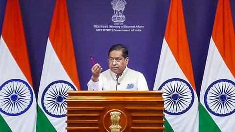 Ministry of External Affairs spokesperson Randhir Jaiswal addresses a bi-weekly media briefing, in New Delhi.