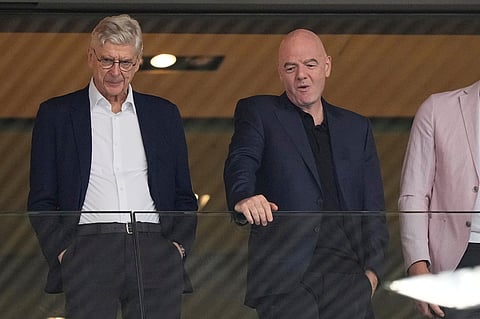 FIFA president Gianni Infantino, right, and Arsene Wenger, Chief Officer (FIFA) and former soccer coach arrive for the Women's Euro 2025 quarterfinals soccer match between Sweden and England at Stadion Letzigrund in Zurich, Switzerland, Thursday, July 17, 2025.