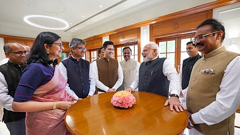 Prime Minister Narendra Modi meets Rajya Sabha MPs Raghav Chadha, Swati Maliwal, and others, in New Delhi.