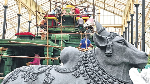 Preparations on in full swing for the 12-day flower show, which begins on August 6, at the Glass House in Lalbagh on Tuesday.
