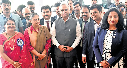 IT&BT Minister Priyank Kharge along with Dr Manmohan Singh Bengaluru City University officials at the international conference on Leveraging AI to attain UNSDGs at Jnana Jyothi Auditorium in Bengaluru on Wednesday.