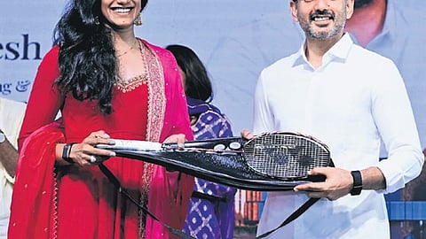 Badminton player PV Sindhu, along with Minister for HRD, IT and Electronics Nara Lokesh