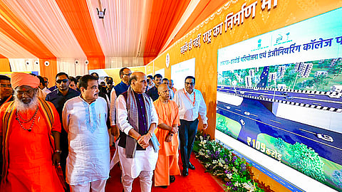 Union Defence Minister Rajnath Singh, along with Union Minister of Road Transport & Highways Nitin Gadkari and Uttar Pradesh Chief Minister Yogi Adityanath, during the inauguration of the Lucknow–Kanpur Expressway, in Unnao, July 13, 2026.