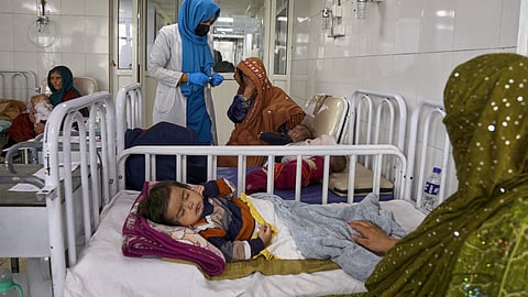 Afghan women care for their children in the malnutrition ward at Indira Gandhi Children's Hospital in Kabul, Afghanistan, Feb. 15, 2026