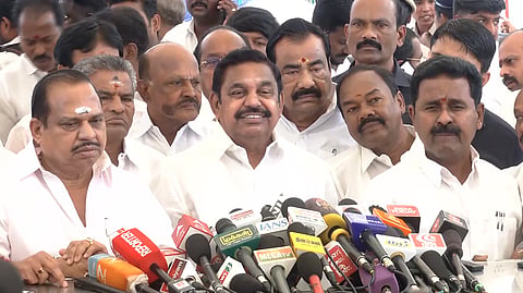AIADMK chief and former Tamil Nadu CM Edappadi K. Palaniswami speaks to the media outside the TN assembly on Wednesday, Aug. 05, 2026.