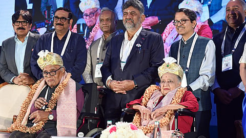 Chairman of Nanotechnology Mission Group Prof CNR Rao, and his wife Indumati Rao at the inauguration of Bangalore India Nano Conference in Bengaluru on Tuesday. Karnataka CM DK Shivakumar & Home Min Priyank Kharge look on.