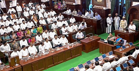 In this screengrab from a video posted on Aug. 5, 2026, Tamil Nadu Assembly Speaker JCD Prabhakar conducts proceedings in the House on the day of the presentation of the state government's maiden budget.