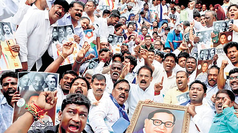 Supporters of former minister and Gandhinagar MLA Dinesh Gundu Rao protest in front of the KPCC office on Tuesday, a day after he was excluded from the DK Shivakumar cabinet.