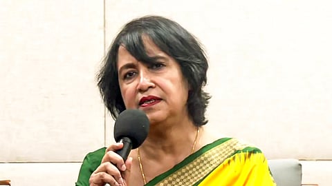 Bangladeshi author Taslima Nasreen addresses a press conference in Kolkata on Sunday, Aug. 02, 2026.