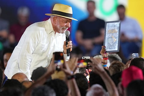 Brazilian President Luiz Inacio Lula da Silva speaks to supporters during the Workers' Party convention, where he was confirmed as the party's presidential candidate for the next election in Sao Paulo, Brazil, Sunday, Aug. 2, 2026.