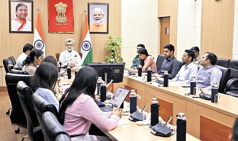 L-G Taranjit Singh Sandhu chairing a meeting with officials of the DDA and the tourism department on Wednesday