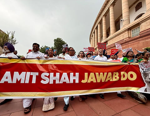 Opposition MPs marched from the Gandhi statue at Prerna Sthal to Makar Dwar in the Parliament complex on Wednesday, protesting the alleged police action against students during the July 20 demonstration. 