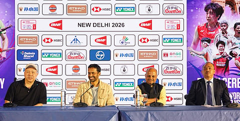 (from left)  Tan Kim Her, India doubles coach, Pullela Gopichand, India chief national coach, Sanjay Mishra, BAI General Secretary along with Selvaamresh Supramaniam, Events Director – Tournament Operations during the draw ceremony of the 30th BWF Badminton World Championships in New Delhi on Wednesday