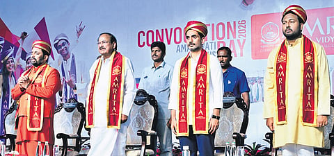 Former Vice President M Venkaiah Naidu and Minister for HRD and IT Nara Lokesh participate in the convocation of Amrita University on Wednesday.