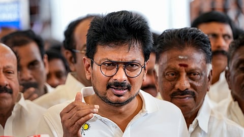 Leader of Opposition in the Tamil Nadu Assembly Udhayanidhi Stalin addresses the media after the presentation of the TVK government's maiden budget (revised estimates for 2026-27) in the state Assembly at the state Secretariat at Fort St. George in Chennai on Wednesday, Aug. 5, 2026.