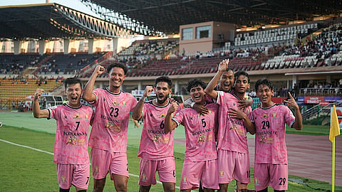 Bodoland players celebrate their goal against FC1 on Thursday