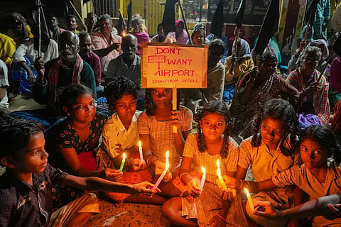 Farmers oppose the acquisition of their land for the project at Eganapuram, near Chennai, where the Tamil Nadu government has proposed to set up a Chennai Greenfield airport to cater to future needs at Parandur.  