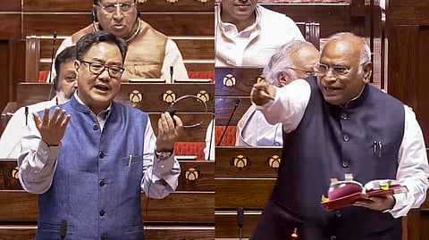 Union Minister Kiren Rijiju (L) and Leader of Opposition in the Rajya Sabha Mallikarjun Kharge (R) speak in the House during the Monsoon session of Parliament, in New Delhi, Thursday, Aug. 6, 2026.