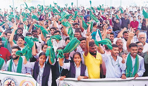 Members of the Akhil Karnataka Agriculture Association and students demand the withdrawal of the recruitment examinations for the Agriculture Officer and Assistant Agriculture Officer posts at Freedom Park on Thursday.